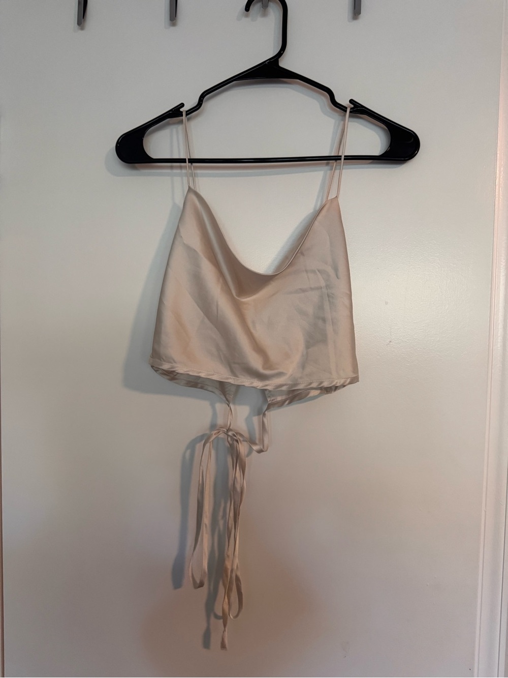 Cream Satin Cowl Neck Crop Top with Tie-Back